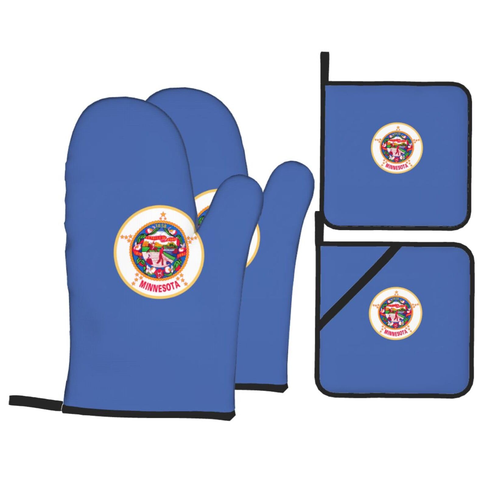 Minnesota State Flag Print 4-Piece Oven Microwaving Set Waterproof Kitchen Gloves for Baking Grilling Cooking