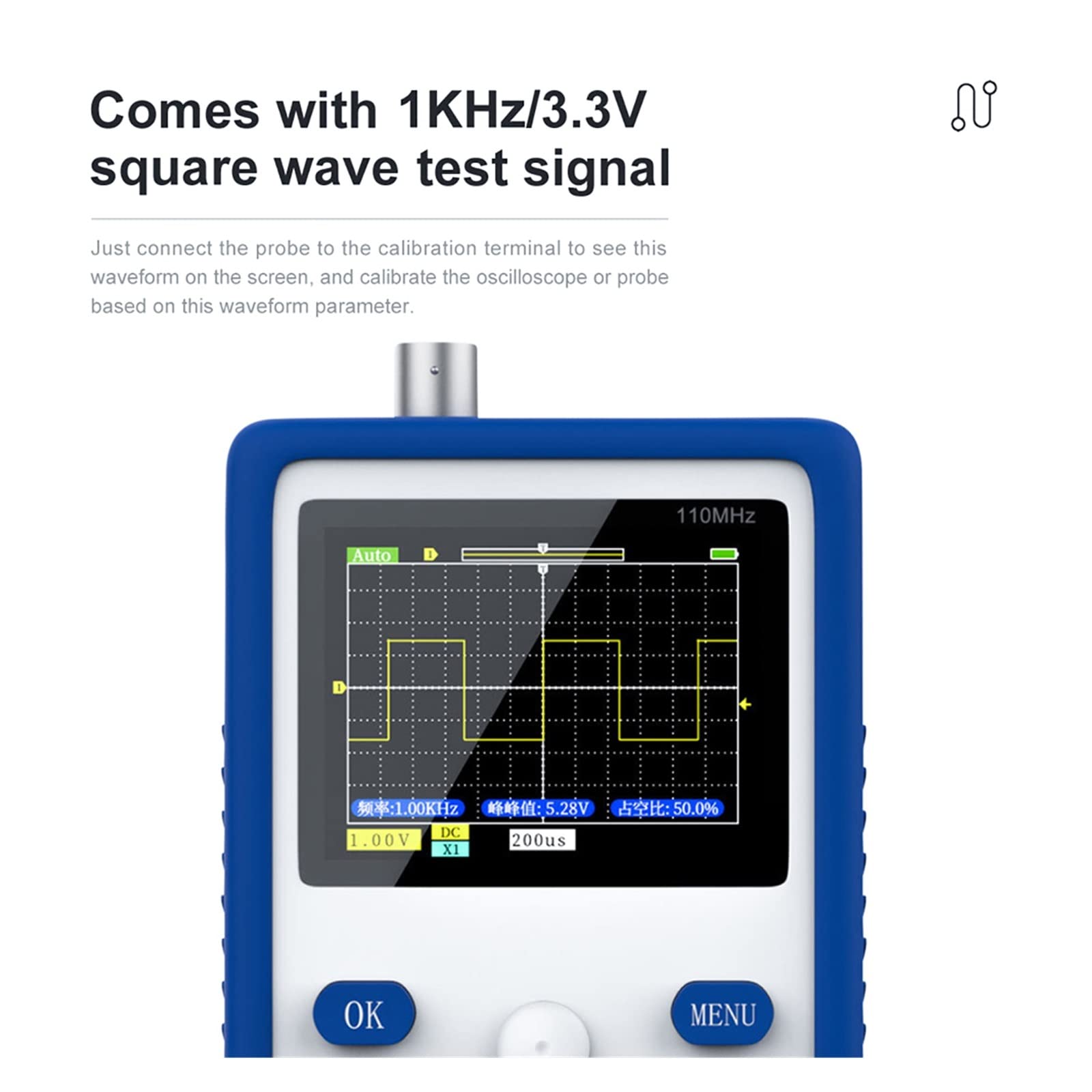 Generador de señal Actual Osciloscopio Digital de Mano 500 MS/s Tasa de muestreo 110 MHz Ancho de Banda analógico Almacenamiento de Forma de Onda Pantalla de 2,4 Pulgadas