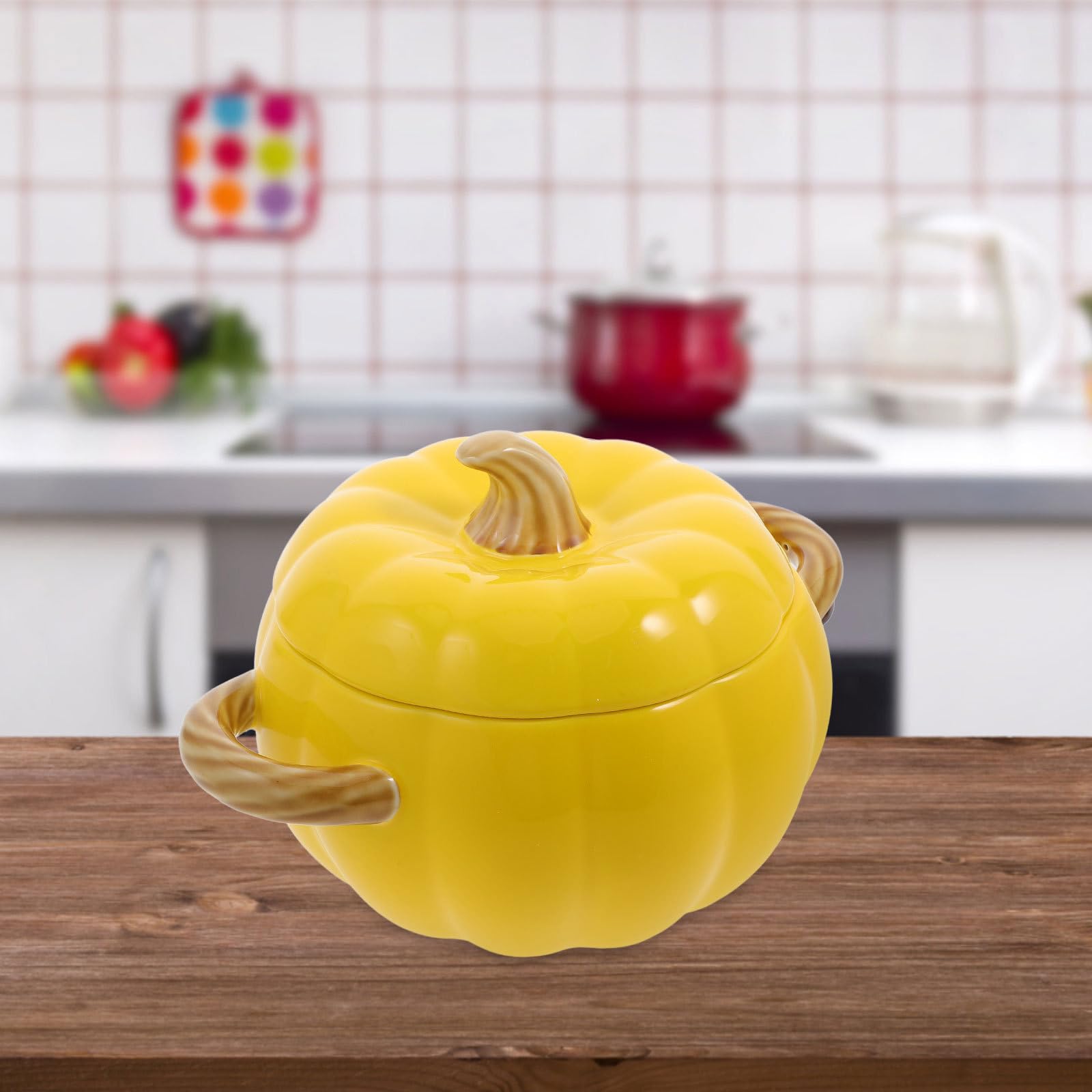 Cabilock Tazón de Sopa de Cerámica con Forma de Calabaza de 1500ml, con Tapa y Asas Dobles, Reutilizable y Conveniente para Uso en Casa o Restaurante