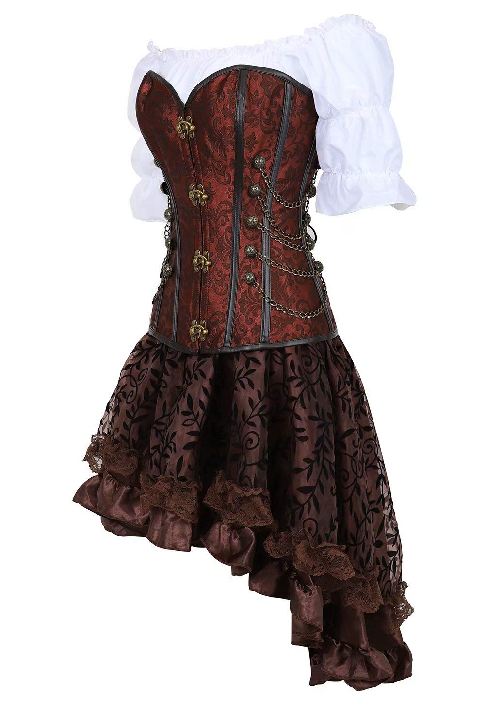 Jutrisujo Corsagenkleid korsett Kleid 3 Teiliges Steampunk Corsage piraten Kostüm mit Corset Dress Spitzenrock und Bluse für Halloween Braun 4XL