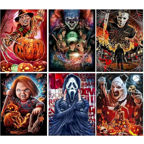 Sretoul 6 Pack Halloween Diamond Art Kits for Adults Diamond Painting Kit Beginners Halloween Horror 5D Gem Art for Adults with Round Gem Painting Gift Home Wall Decor 12x16 Inch