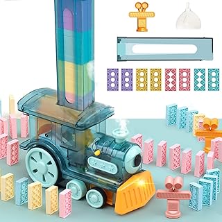 Domino Train Set,80Pcs Blue Automatic Dominoes Blocks Train Set with Steam and Sound,Blocks Domino Set Building and Stacking Toy,Domino Train Toys for Kids Boys and Girls Age 3-12