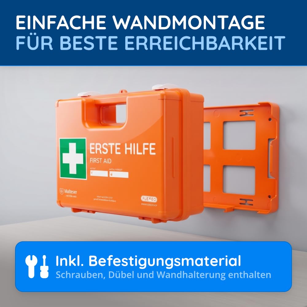 Erste Hilfe Koffer nach neuer DIN 13157:2021 | Gefüllt, inkl. Wandhalterung, 5x Aufkleber, Prüfsticker & 3x Plomben | Erste Hilfe Kasten/Verbandkasten für Betriebe, Unternehmen, Büro & Zuhause