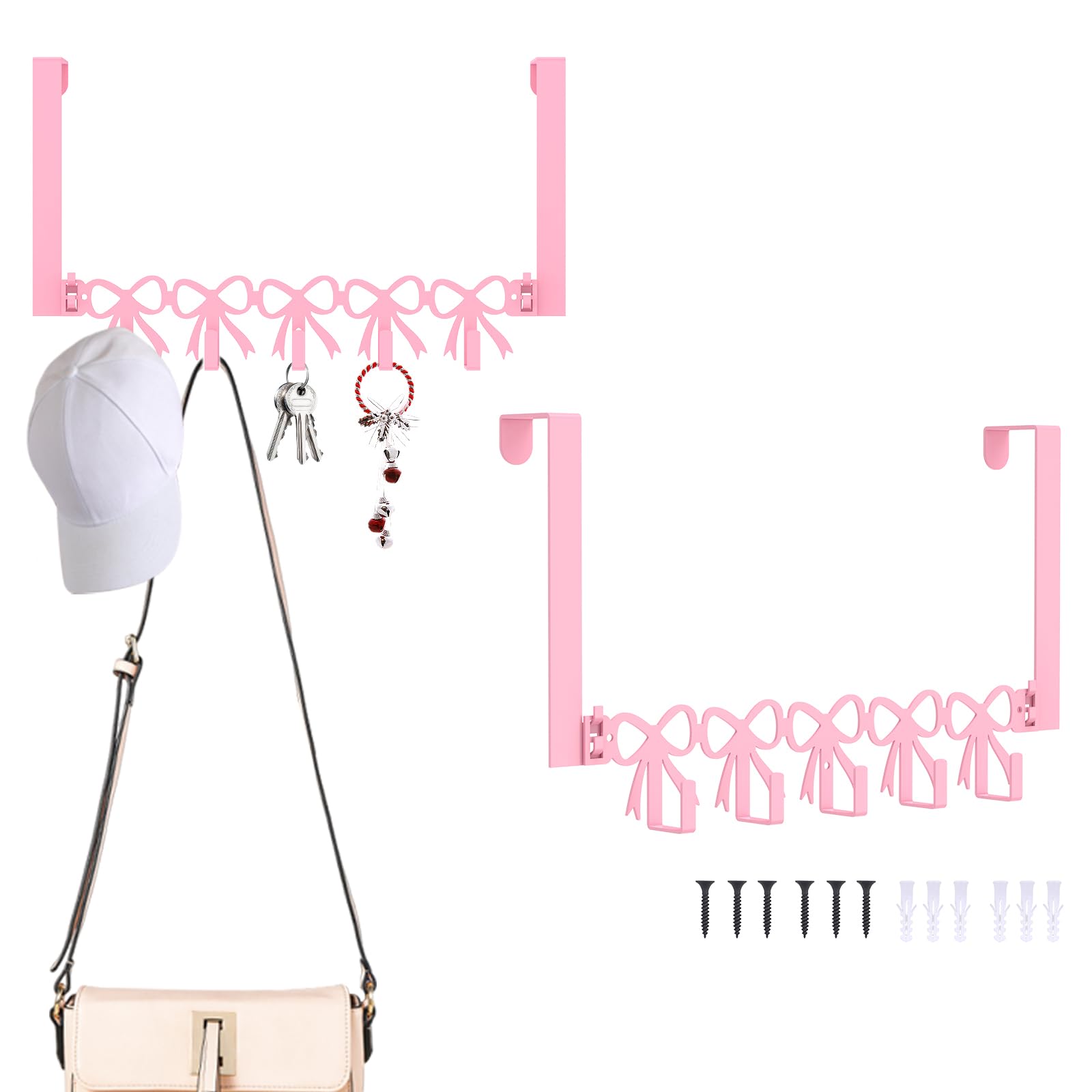 Menibbler Pink 2 Pack Over Door Hooks Bow Over The Door Coat Hanger With 5 Hooks Metal Decorative For Hanging Hats Bags Clothes Towels On Kitchen Bathroom Drawer Cabinet Doors