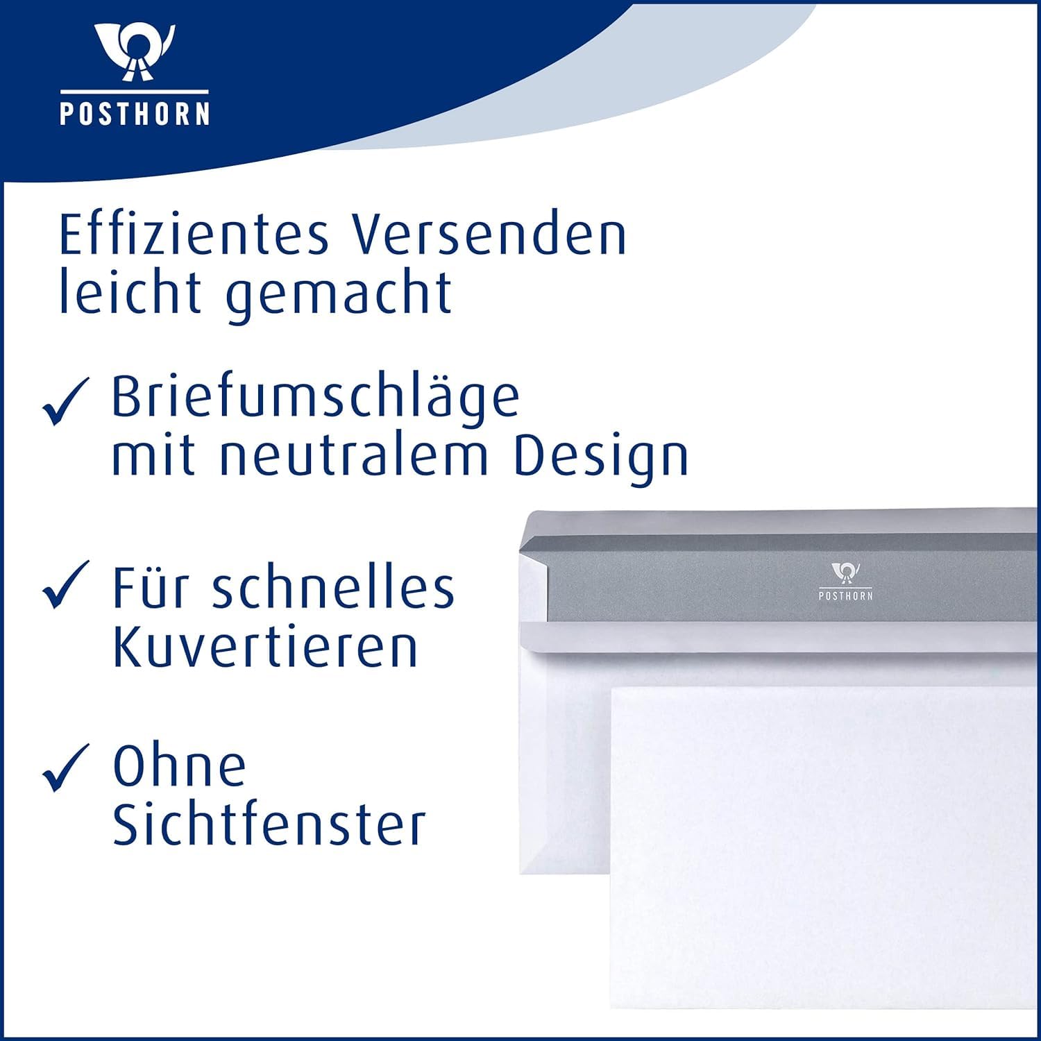 PosthORN - Buste formato DIN lungo, 1000 pezzi, senza finestra, autoadesive, formato DIN lungo, senza finestra, con grammatura 75 g/m², stampa interna grigia, 110 x 220 mm, bianco