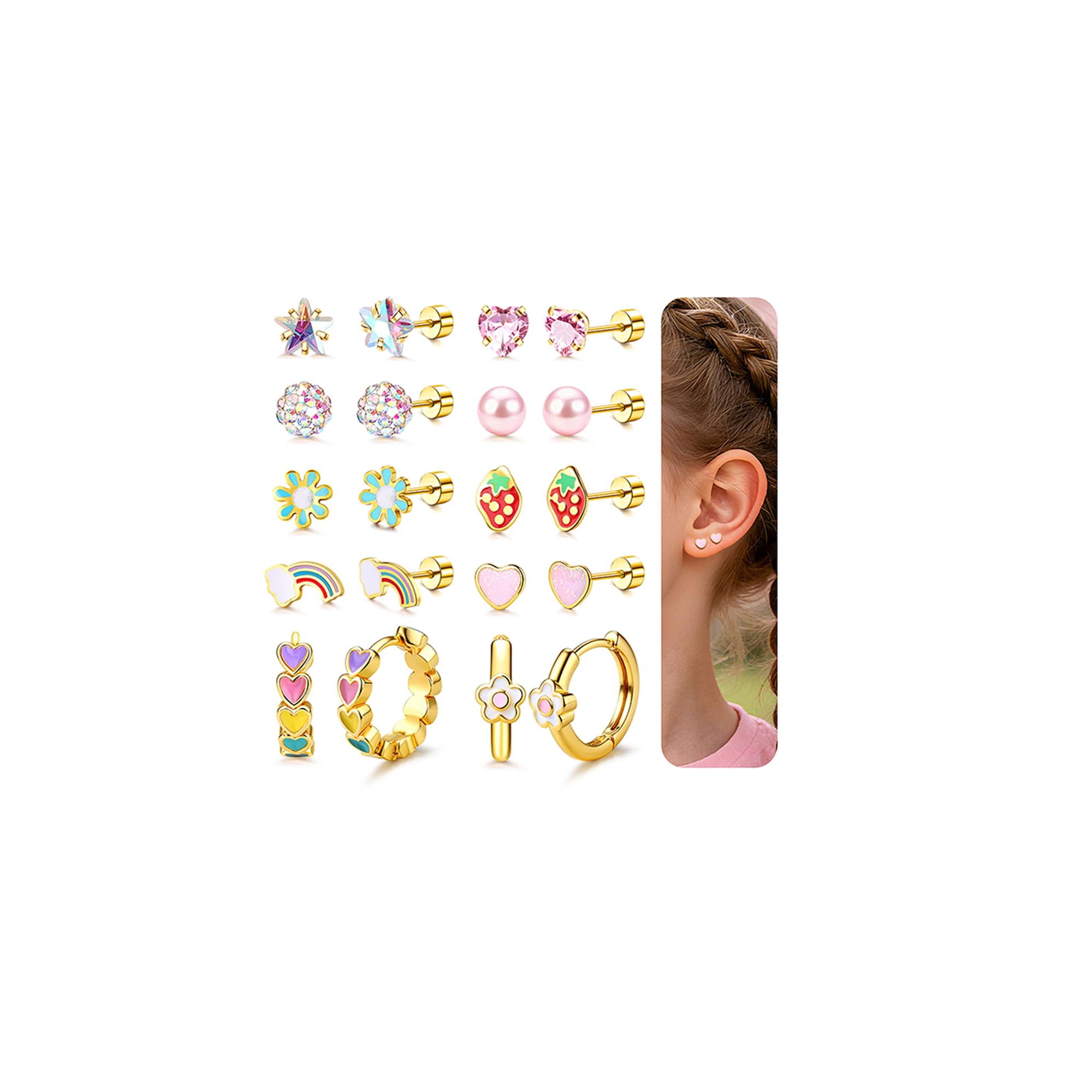 CASSIECA 10 Paires Boucle d'Oreille Enfants Fille Boucle d'Oreille Femme Acier Inoxydable Hypoallergenique Creoles Ensemble Boucles d'Oreilles Mignonnes de Cœur Fleur Arc-en-Ciel Zircon