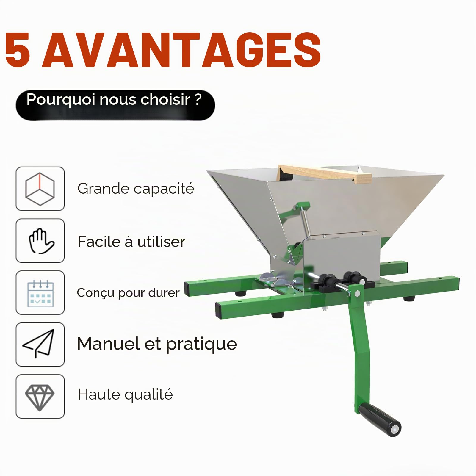 Broyeur de fruits portable 7 L - Extracteur de pomme manuel pour presse à vin et cidre (acier inoxydable)
