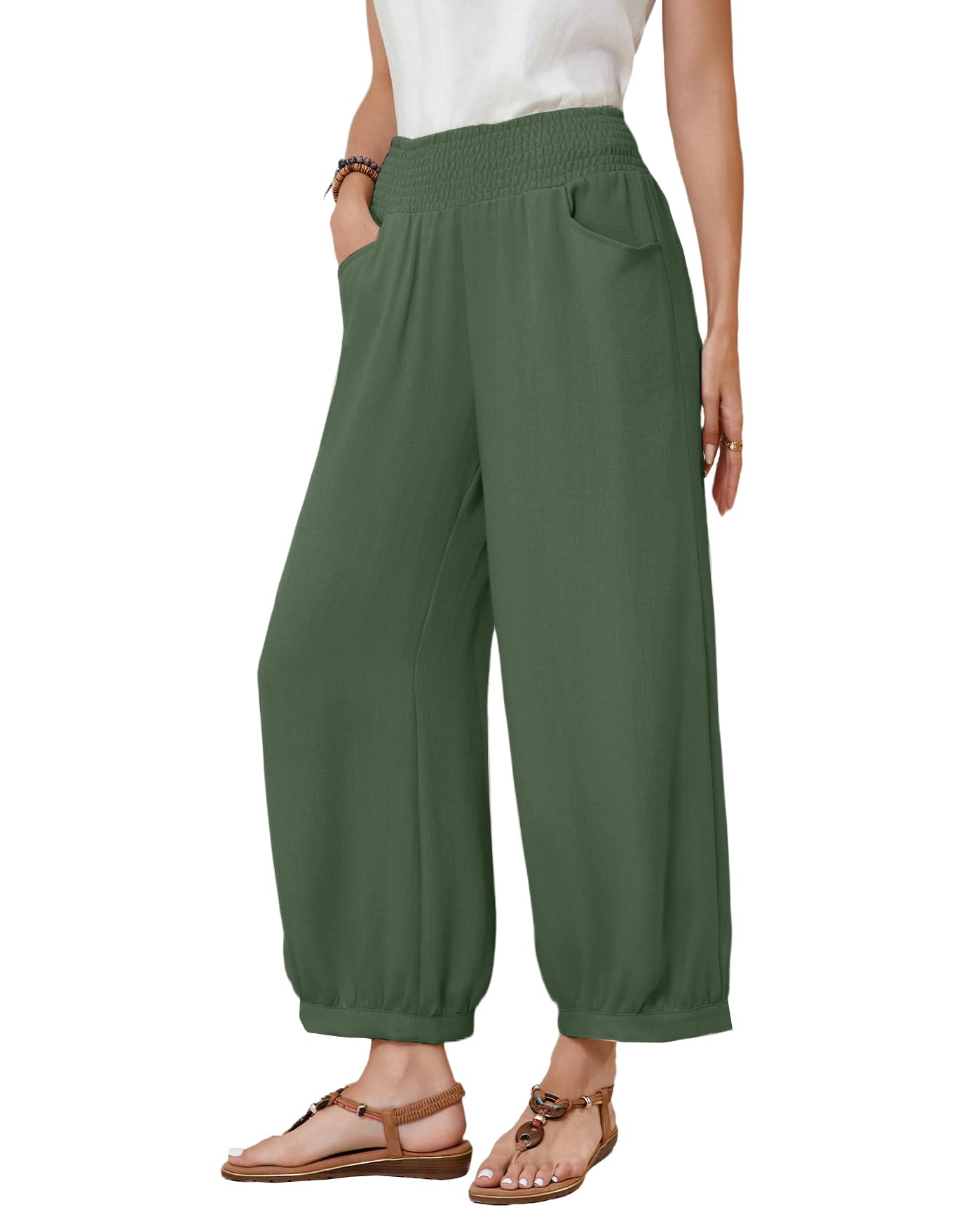 Womens Linen Wide Leg Pants Summer Beach Palazzo Harem Pants Casual Ankle Length Trouser Slacks