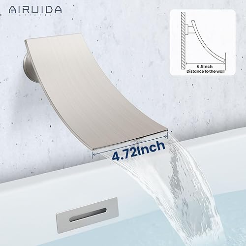Miniatura 2 de Airuida Grifo de bañera de montaje en pared, níquel cepillado con rociador de ducha de mano, boquilla de cascada con moderno grifo de llenado de