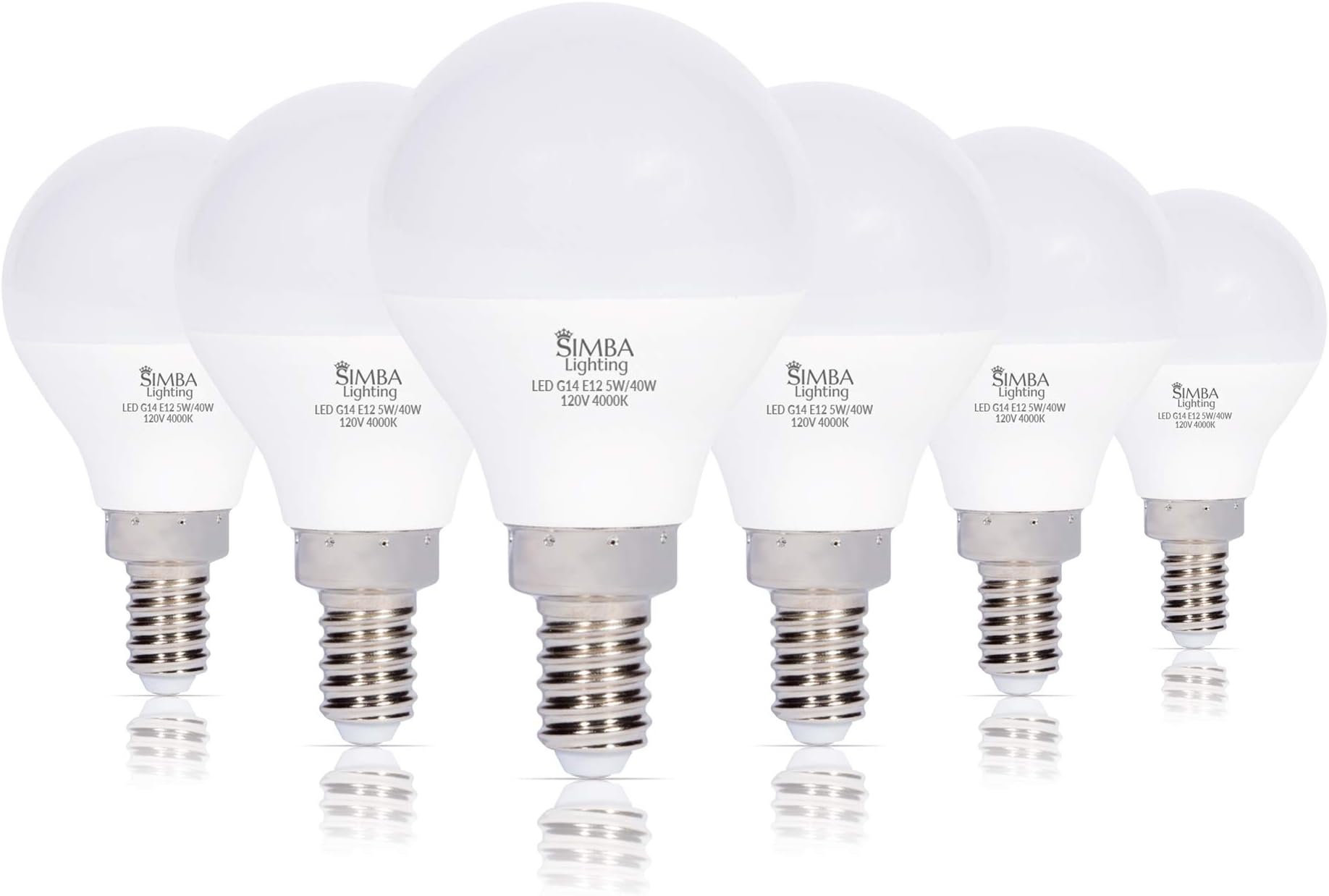 Simba Lighting LED Candelabra E12 Base G14 Small Globe 5W 40W Replacement Light Bulb (6 Pack) for Ceiling Fan, Chandelier, Vanity, Round A15 Frosted White Cover, Non-Dimmable, 4000K Natural Light