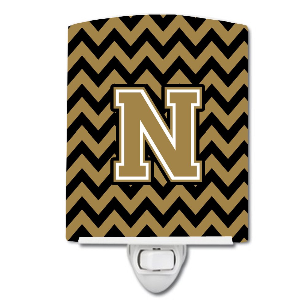Caroline's Treasures CJ1050-NCNL Letter N Chevron Black and Gold Ceramic Night Light Compact, UL-Certified, Ideal for Bedroom, Bathroom, Nursery, Hallway, Kitchen, 6x4x3, Multicolor