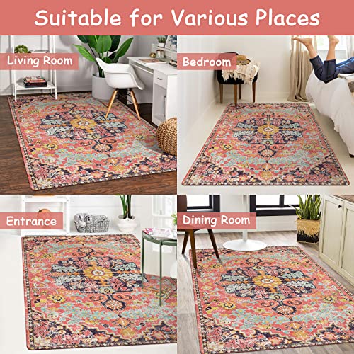 Lahome Bohemian Floral Medallion Area Rug - 5X7 Large Hot Pink Living Room Bedroom Rug, Non-Slip Machine Washable Soft Playroom Mat Indoor Floor Accent Carpet For Dining Table Mud Room #TOP4