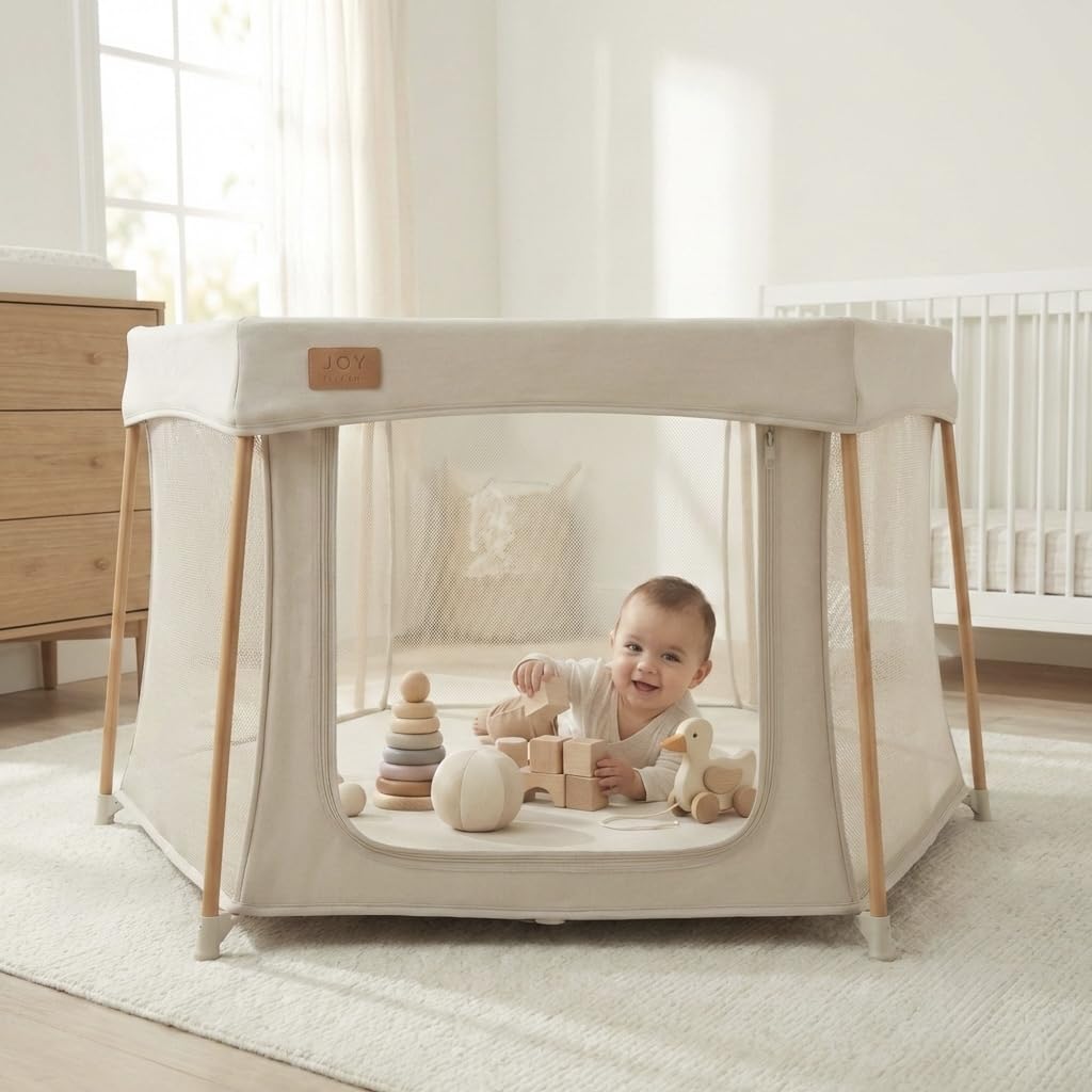 Venture All Stars Joy Grande boîte de rangement pliable portable pour bébé et enfant en maille respirante et tapis moulant, facile à installer, avec sac de voyage Taupe