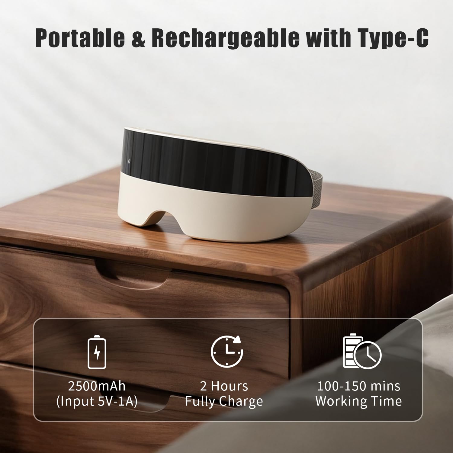 PHOFAY Masajeador de ojos con música, calefacción, modos de compresión, diadema ajustable, dispositivo portátil recargable para el cuidado de los ojos para relajación y alivio de la fatiga (negro y