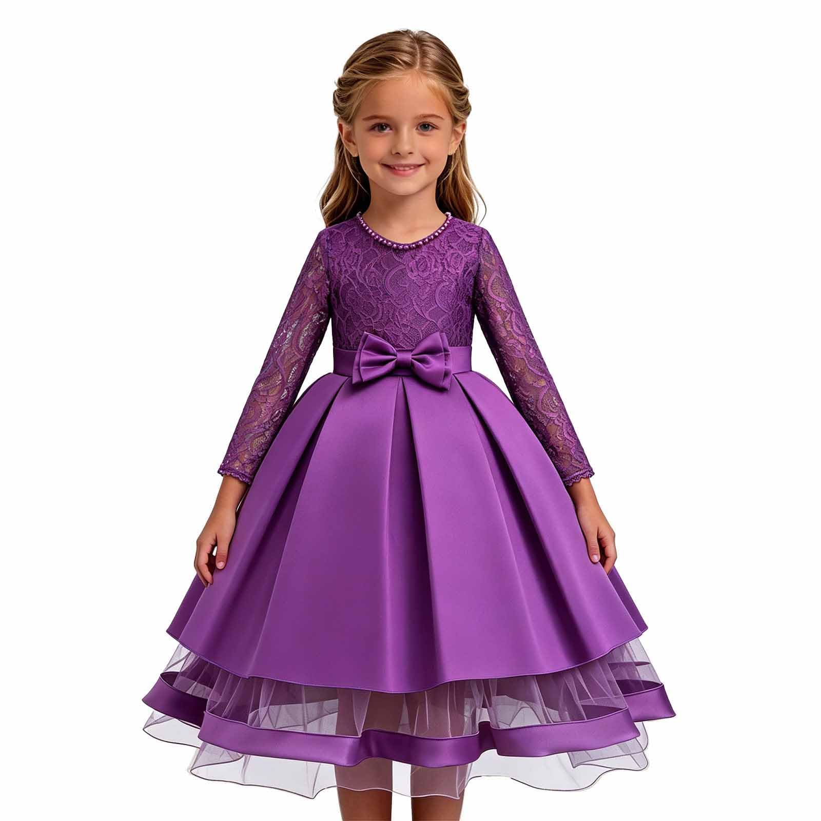 Generisch Elegante abito da festa da bambina con finiture in pizzo, maniche lunghe, top in raso con fiocco