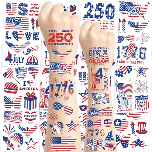 99 PCS 4th of July Temporary Tattoos 12 Sheets Waterproof 4th of July Accessories USA Flags Fireworks Eagles Independence Day Decorations Patriotic Tattoos for Memorial Day Veterans Events