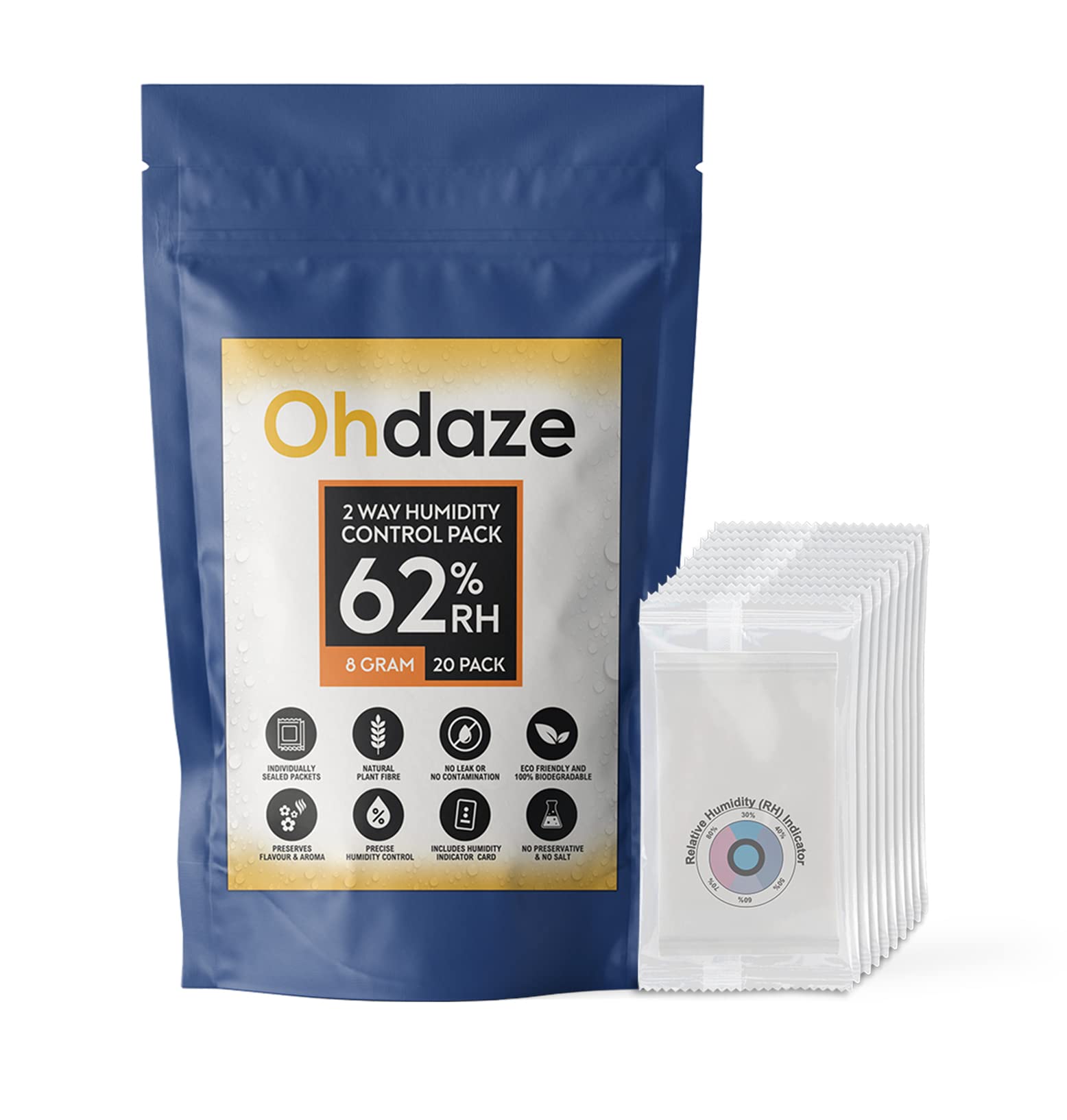 Ohdaze 62% RH 8 Gram Humidity Control Pack | 20 Pack | 2 Way Humidity Control Packs | Individually Sealed Bag | Humidor Accessories