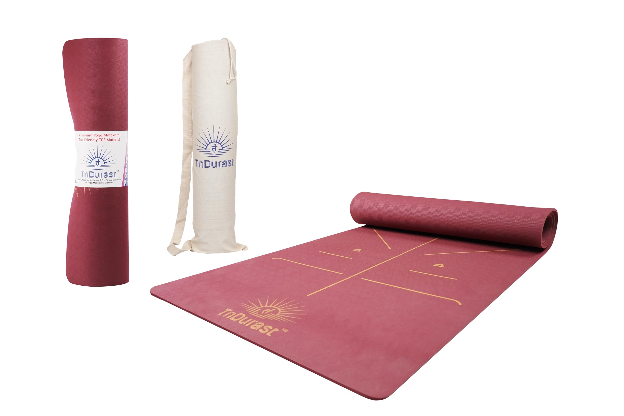 TNDURAST™ Premium Body Alignment Yoga Mat | With Cotton Bag for Yoga Mat | For Men and Women | Non-Slip Textured Extra Wide & Thick | Pro Balance TPE Exercise Mat For Home, Gym & Outdoor (6MM, WINE)-image-11