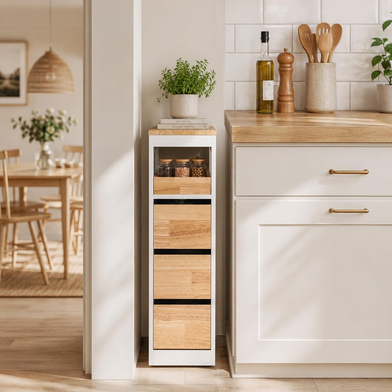 SoBuy Carrello Cucina Mobiletto Salvaspazio con Ruote 65x23x82cm | con Piano di Lavoro, Cassetto E Ripiani Aperti, Carrello Portaoggetti per Cucina, Bianco e Legno, BZR54-III-WN