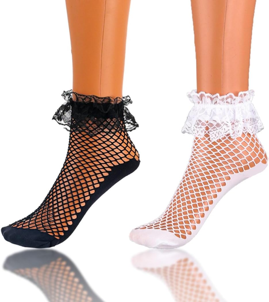 Fishnet Sheer Socks Bow Mesh Net Socks Elastic Hollow Short Sock for Women 2 Pairs
