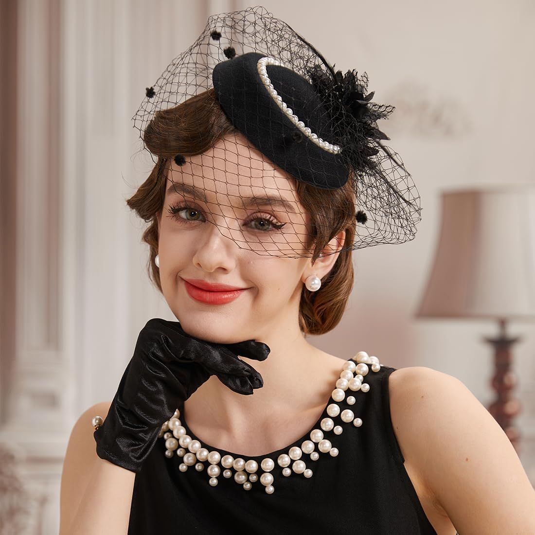 3 Pcs Fascinators Hats for Women Tea Party Pillbox Hat 20s 50s Headwear with Veil and Lace Gloves - Image 3