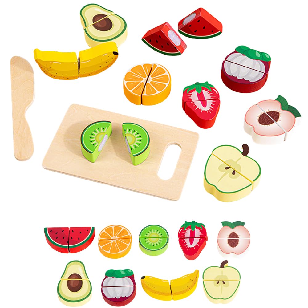 Wooden Cutting Fruits Food Toys Play Food Sets for Children Kitchen 12PCs Educational Learning Toy Kitchen Pretend Wooden Fruit and Veg Toys Girls Birthday Gift for Age 3+