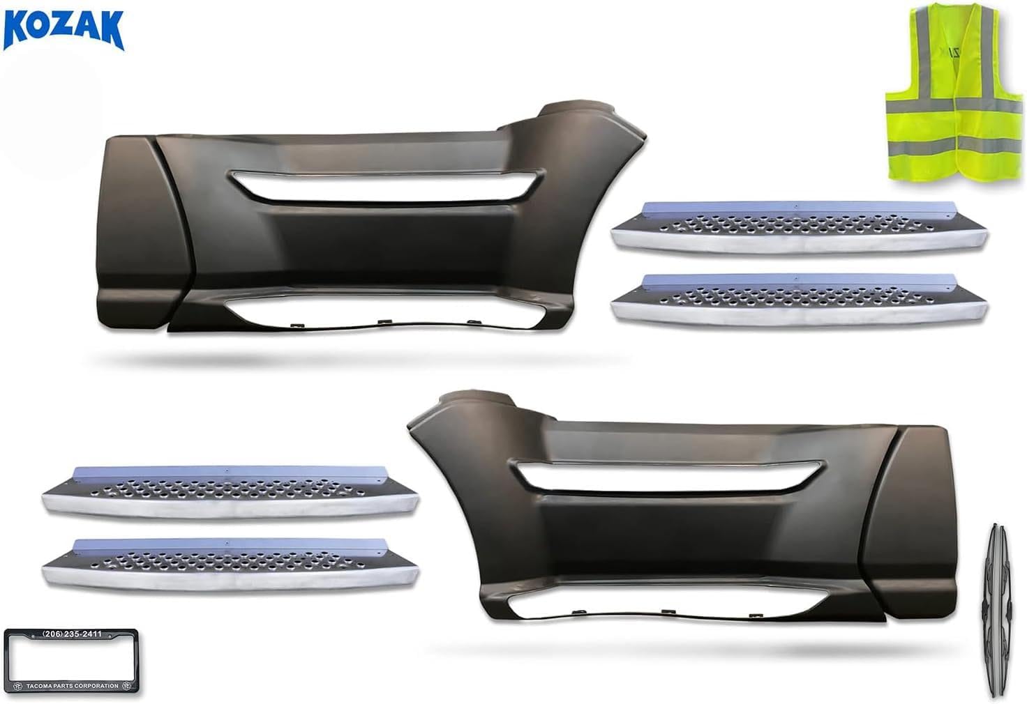KOZAK Front Side Fairing Panels With Covers (Right Passenger and Left Driver Side) With 4x Steps Compatible with Kenworth T660 2013+ PLUS Logo, 2x 22" Windshield Wipers, License Plate Frame and Vest