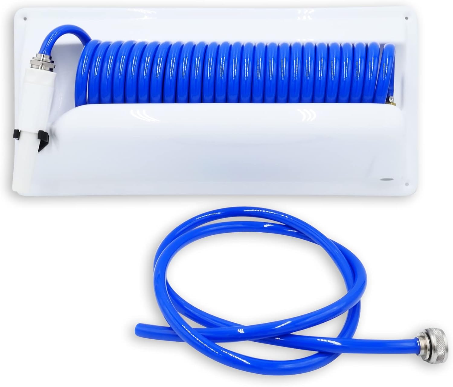 T-H Marine Coiled Washdown Hose System - 25' Wash Down Hose, Nozzle, Holder, 5' Supply Hose, and Brass Fittings - Kink Free Design and Compact Storage - Blue