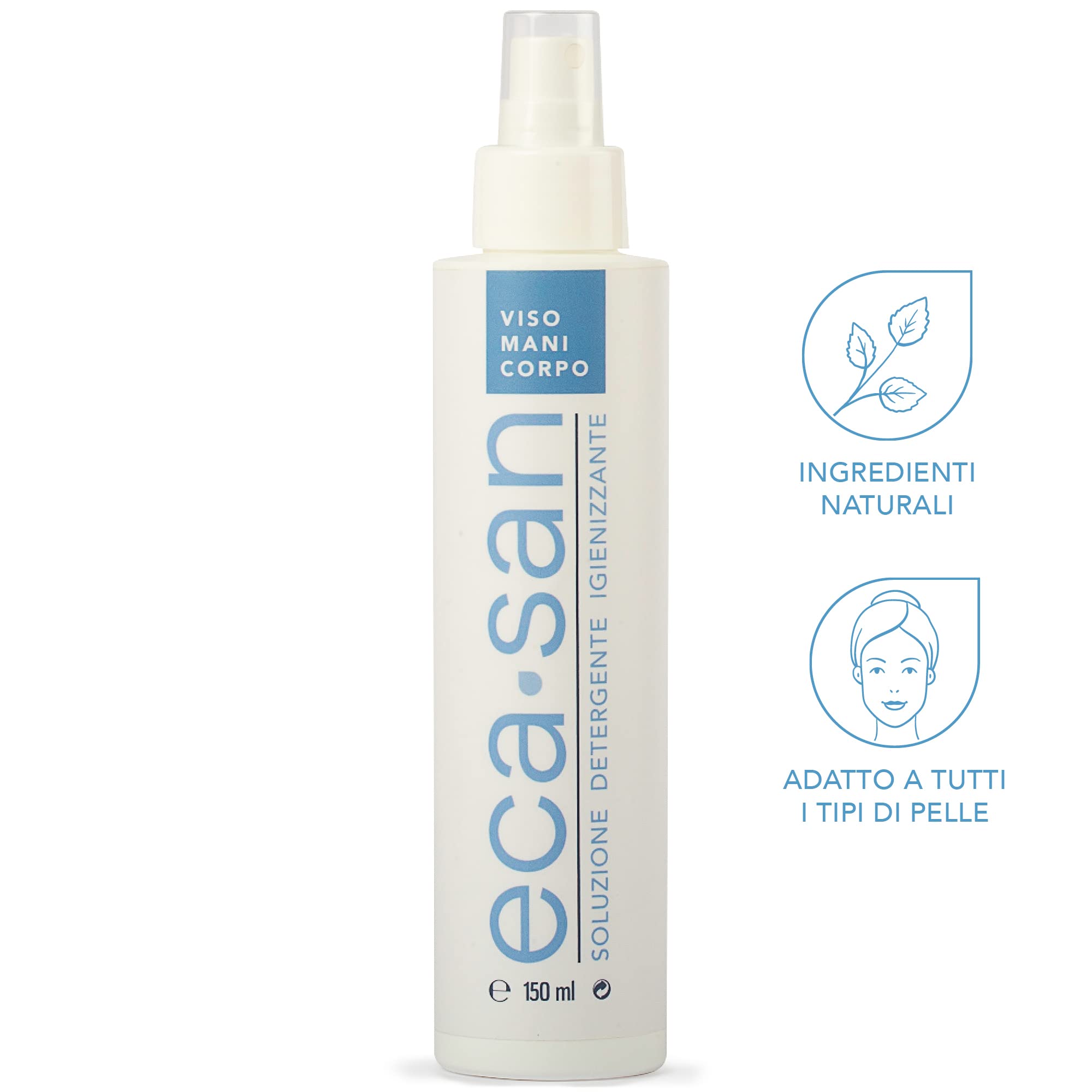 ECASAN Igienizzante Spray Mani Viso e Corpo 100% Naturale Spray Rinfrescante Viso Sanificante, Acido Ipocloroso spray viso, Skin care Viso Senza Profumo e Alcool - Formula Green e Vegan (150 ml)