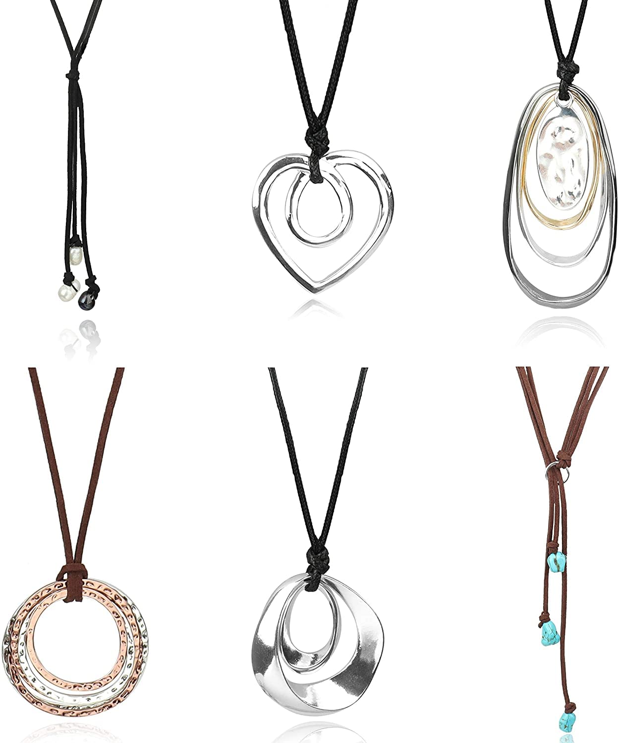 LOLIAS 6 Piezas de Collares Largos con Colgante para MujerJoyería de Moda Simple Largo con Plumas Corazón Turquesa Disfraz Collar en Y Declaración para Mujer Conjunto de Collar Largo Boho