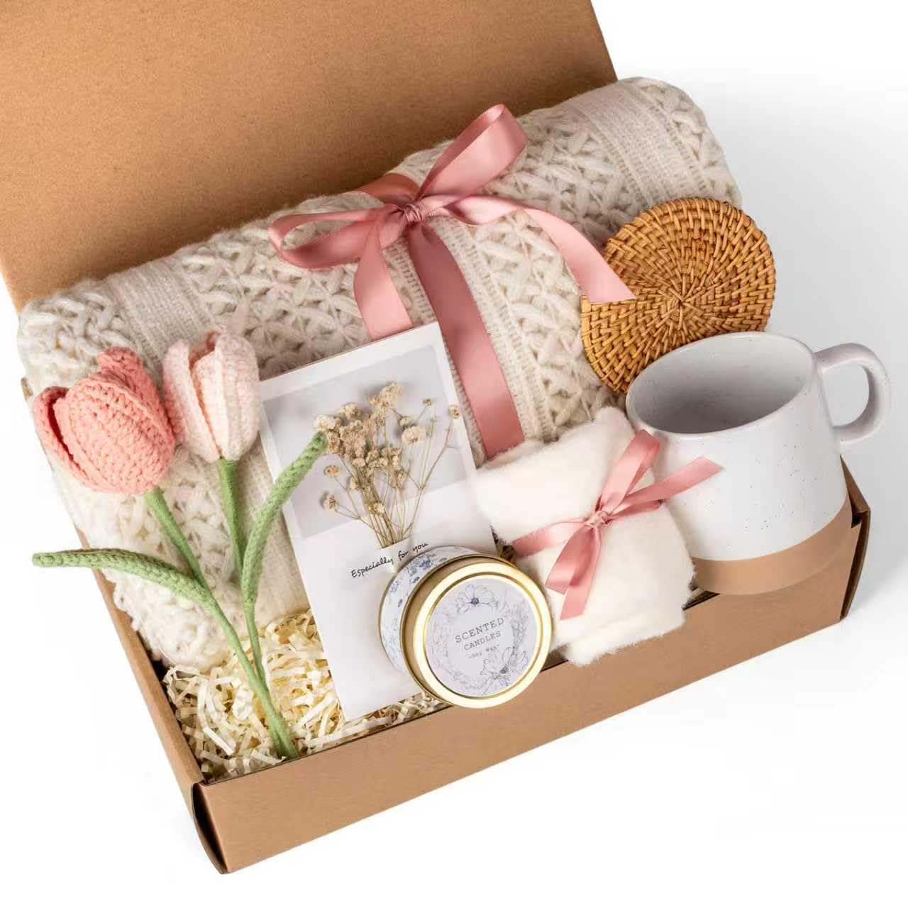 Anforsun Knitted Tassel Blanket Gift Set with Crochet Tulips