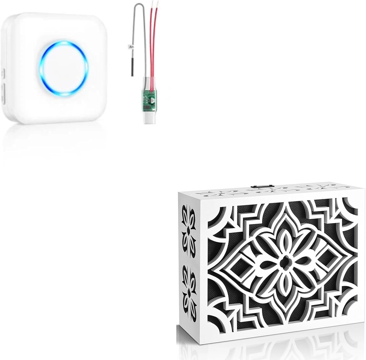 Wireless Doorbell Extender with Receiver Connects to Existing Hardwired Doorbell into Wireless Door Bell and Doorbell Chime Cover Box Only - Intricate Floral Cutout Indoor Door Bell Cover