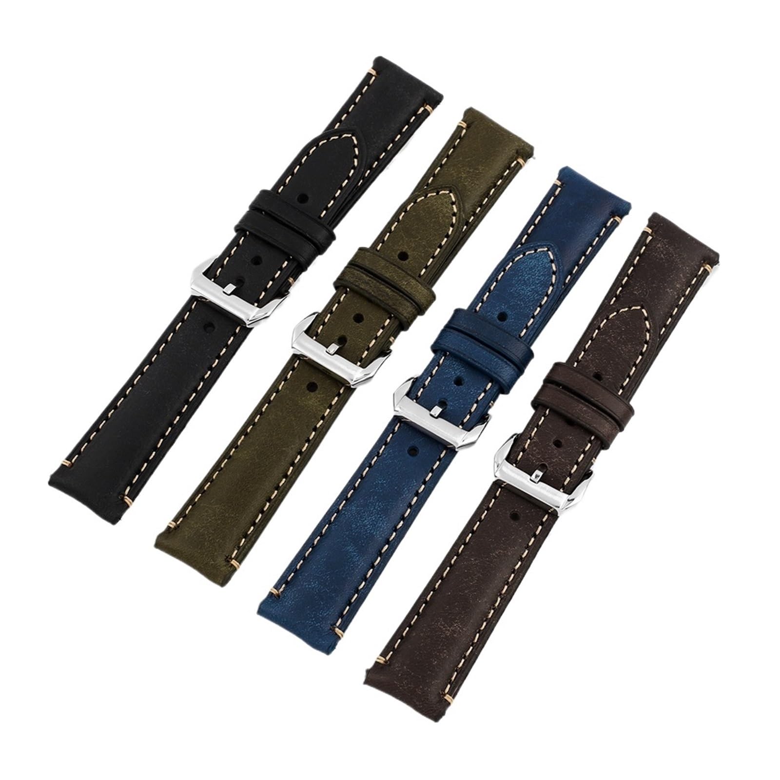 Vintage Crazy Horse Leather Watch Straps Quick Release 18mm 20mm 22mm Universal Black Blue Wristband Half Arch Design Band