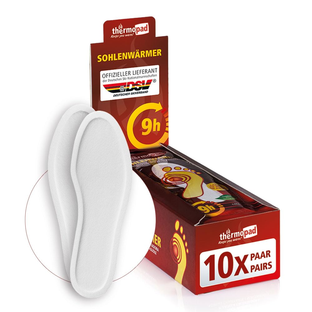 10 Paar THERMOPAD Sohlenwärmer (erhältlich in 5 Größen) - DAS ORIGINAL: 10er-Box mit Wärmepads (Einlegesohle) für 8 Stunden Wärme I Fußwärmer Pads I Extra warme Wärmesohle S für Schuhe & Skischuhe