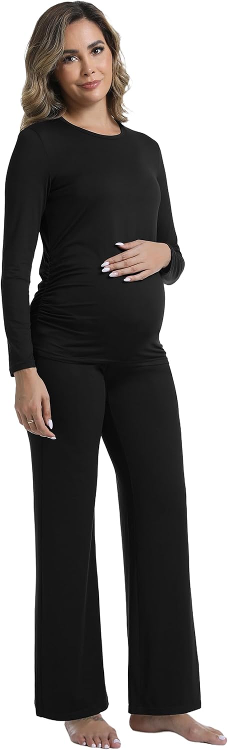 CFRTMTBB Womens Maternity Pajamas 2 Piece Lounge Set Long Sleeve Crew Neck Tops and Wide Pants Pregnancy Sleepwear Loungewear - Image 6