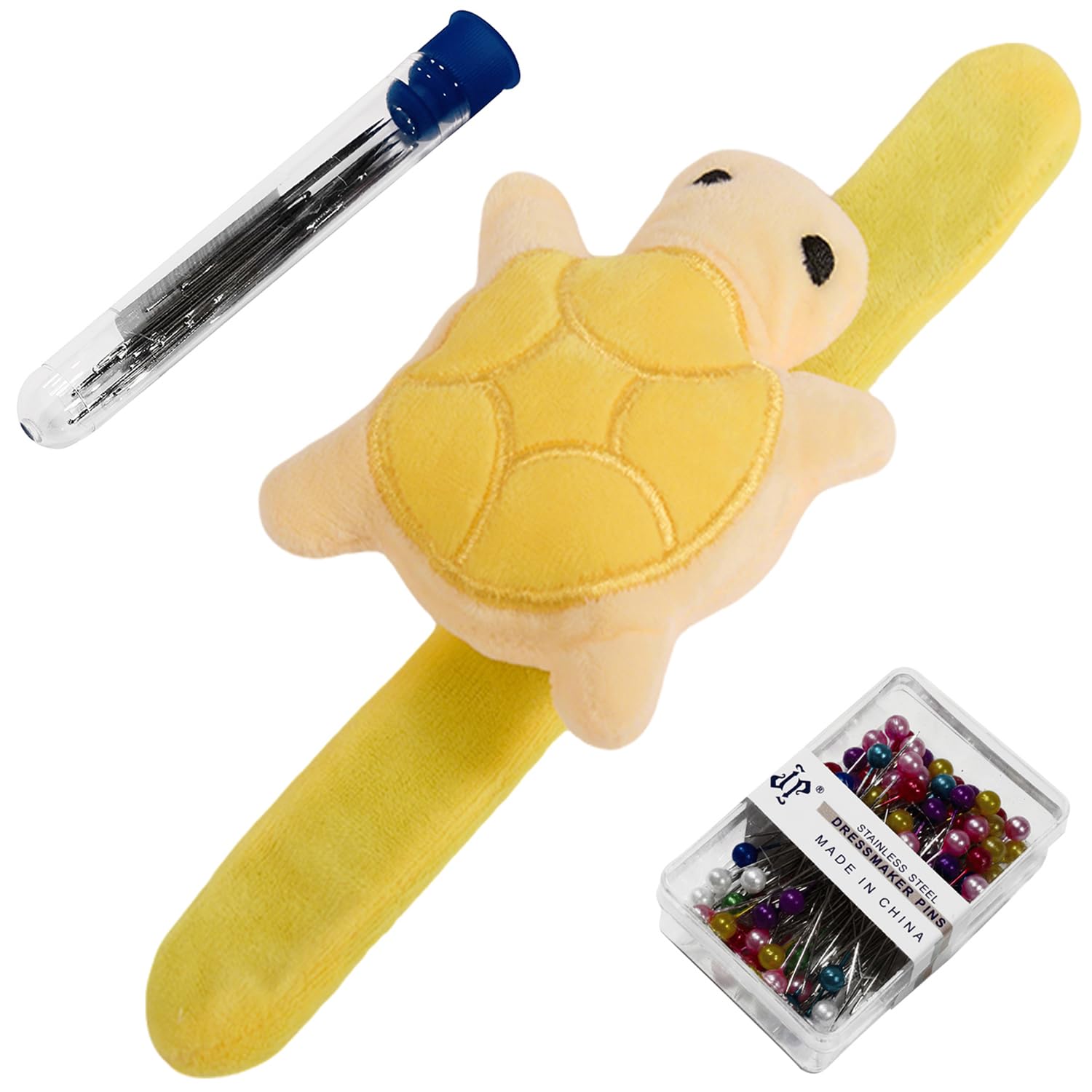Creawonder Women's Turtle Yellow Turtle-Shaped Wrist Pin Cushion For Sewing, Snap Bracelet Wrist Bands Pincushion Organizer For Pins And Needles Include 80 Pearl Ballhead Pins And 18 Sewing Needles, Yellow