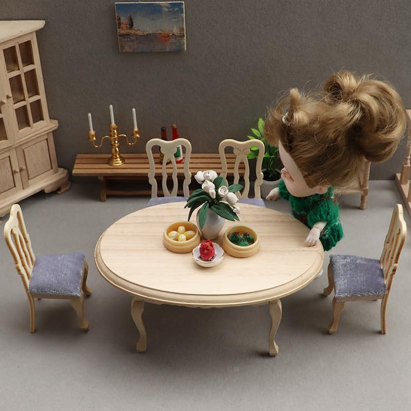 AirAds Dollhouse 1:12 Scale Dollhouse Miniatures Furniture Doll Accessories Dining Table and Chairs Set Unfinished Wood