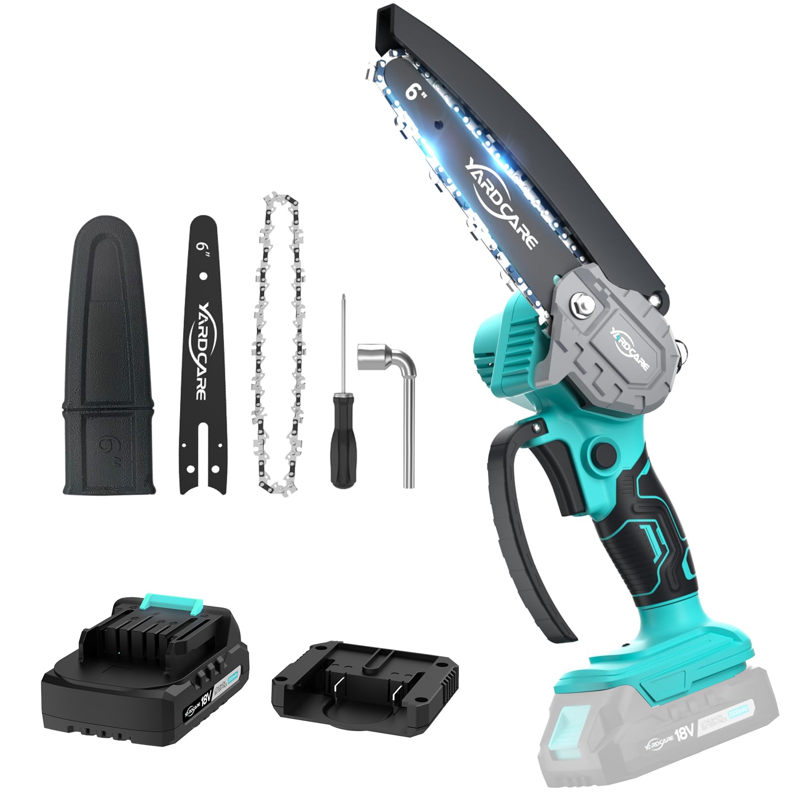 YARDCARE Mini Kettensäge mit Akku,6 Zoll Mini Kettensäge mit Ladegerät, Handkettensäge Elektro Motorsäge Elektrische, Handkettensäge Akku für Gartenscheren