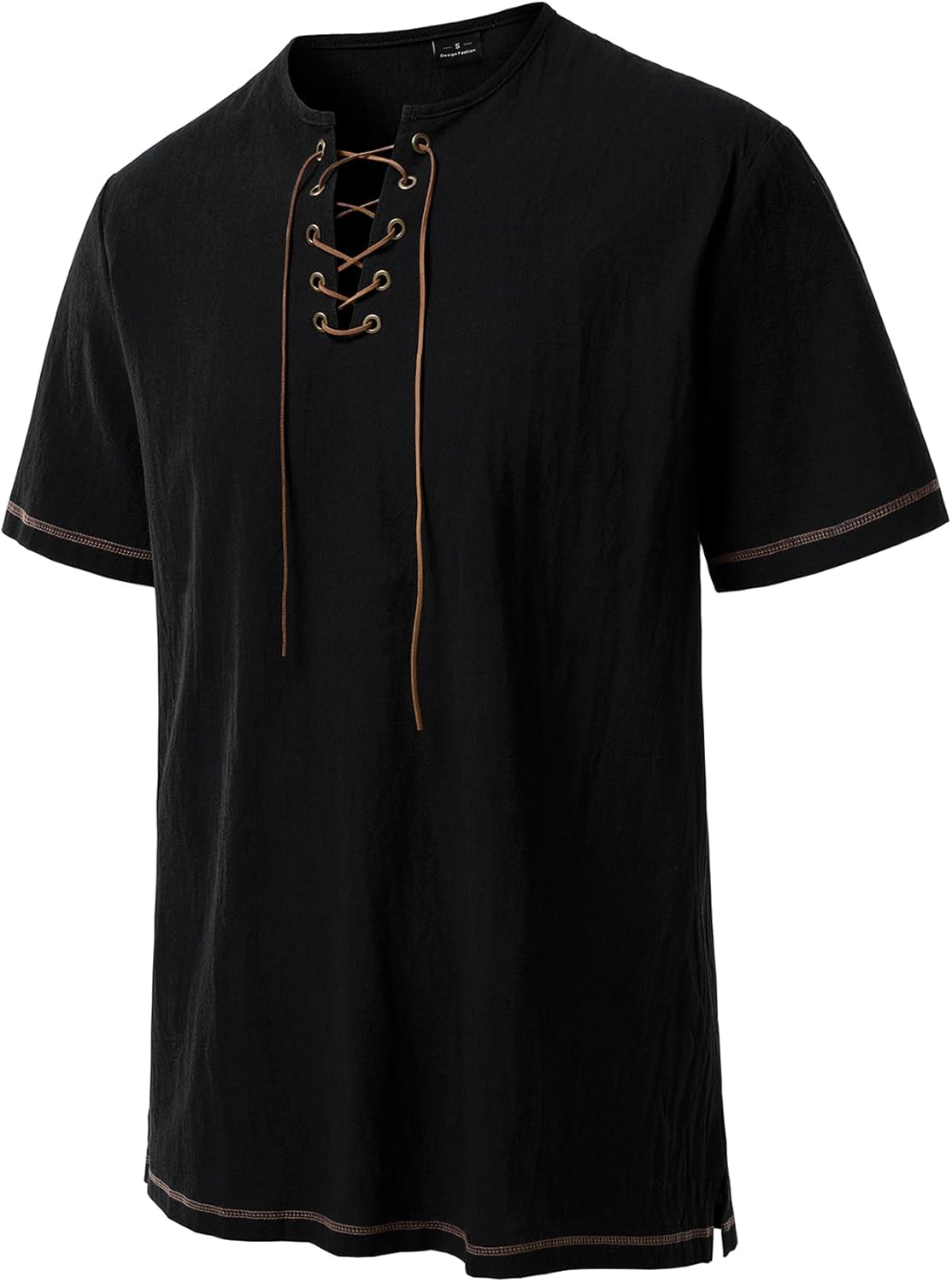 JEMITOP Men's Pure Cotton Retro Short Sleeves Lace Up Shirts for Casual Renaissance Pirate Medieval Viking Without Belt - Image 3