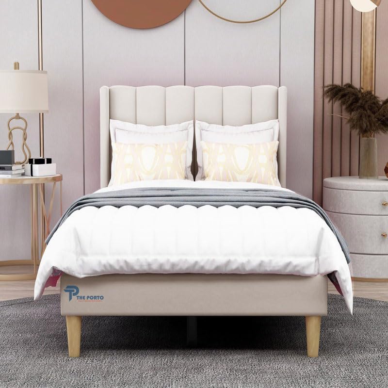Image of Solid Wood Upholstered Single Bed for Bedroom Without Storage | Premium Fabric with Wingback Headboard | Wooden Single Bed Palang for Home | Stylish Single Cot Bed | 6 x 4 Ft, Cream