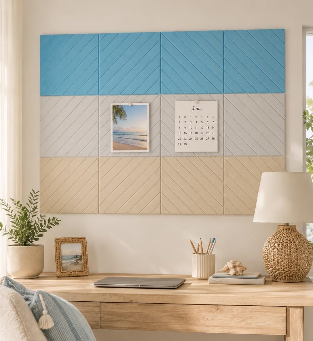 Decorative Felt Wall Tiles Bulletin Board - Large 47" x 35" Modern Pin Board Wall System for Home, Nursery, Dorm & Classroom - 12 Pack Cork Board Alternative with Push Pins & Adhesive Tabs (Beach)