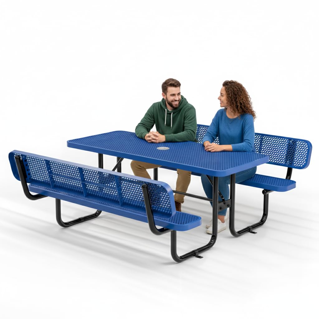 Commercial Heavy-Duty Metal Picnic Table with Backrest - ADA Compliant, Adjustable Seats, Umbrella Hole, Expanded Metal (Blue, 6' Rectangular with Back)