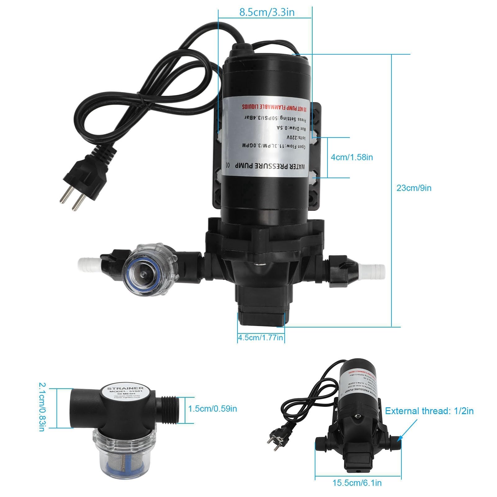 Pompe à Membrane à Eau, 220V 11.3LPM 50PSI Pompe à Membrane à Pression D'eau Auto-amor?ante pour Voiture, Camping-car, Yacht, Caravane, Bateau Marin