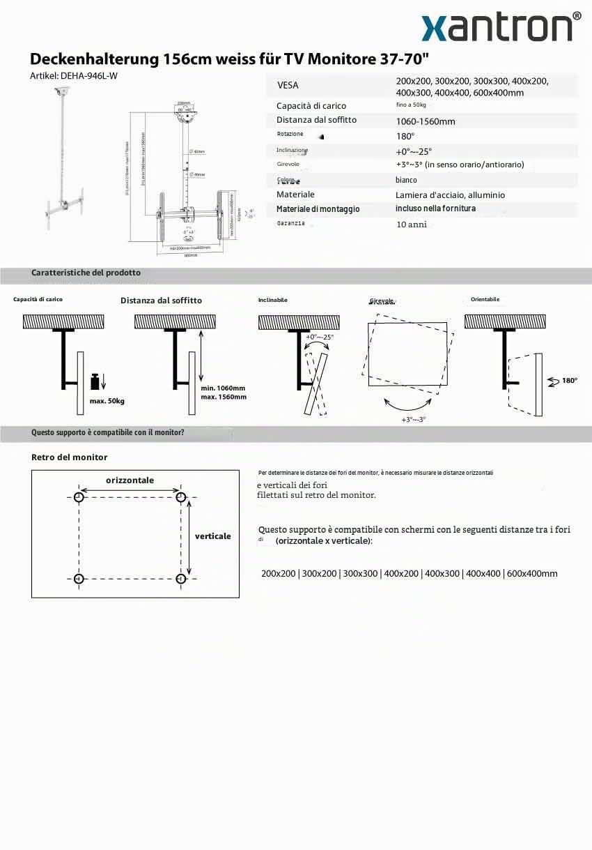 Xantron DEHA-946L-W - Supporto da soffitto orientabile, inclinabile, girevole, regolabile in altezza, colore: Bianco