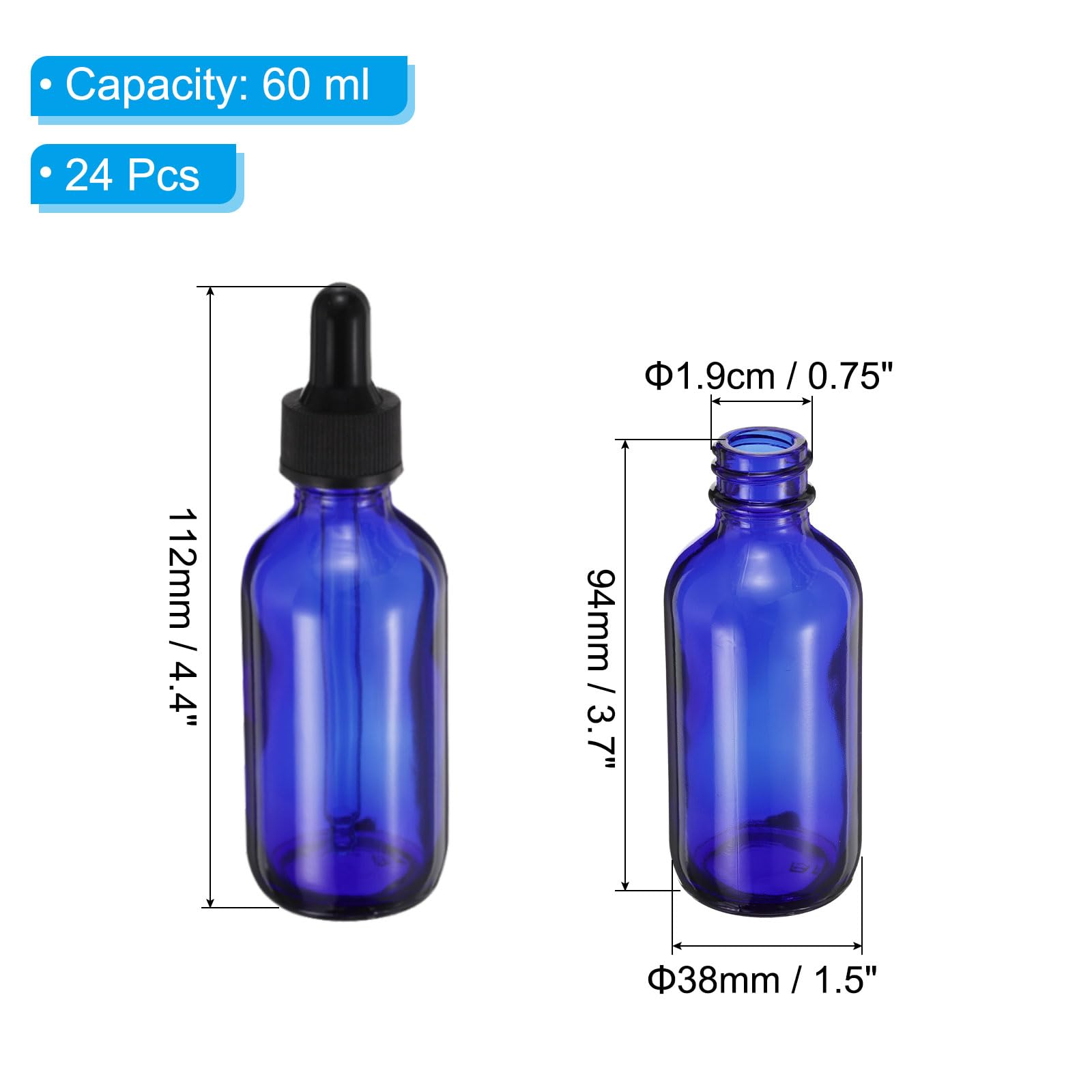 PATIKIL 60ml Glas Pipettenflasche 24 Stück Dichte Ätherische Öle testen Flüssigkeit Parfüm Behälter Mit Pipette Zur Aufbewahrung Zuhause Reisen Blau
