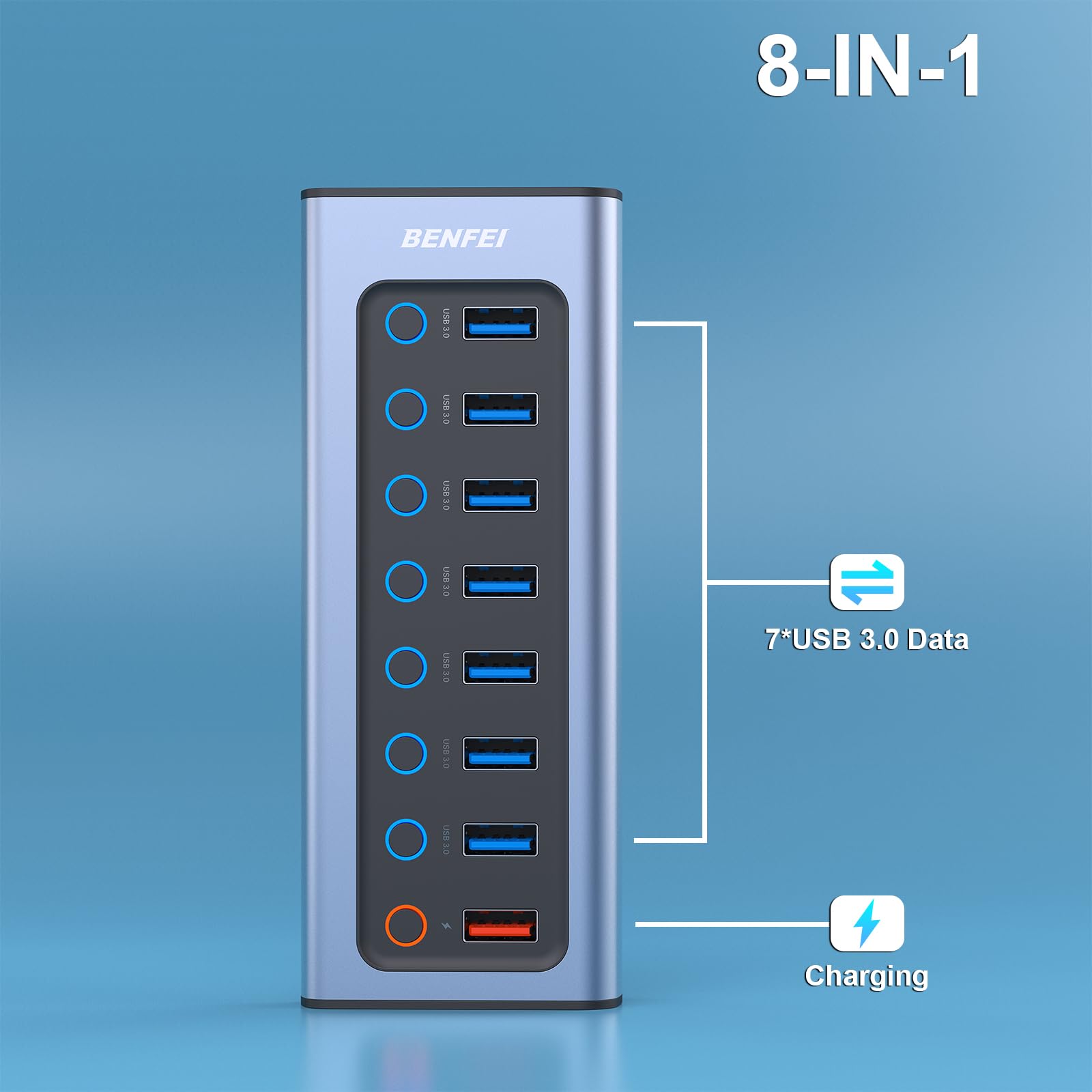 BENFEI HUB USB 3.0 Alimentato 8in1, 7 Porte USB 3.0 e 1 Porte Carica Rapida con Interruttore LED on/off e Adattatore di alimentazione 18W, Compatibile PC MacBook Windows Mac OS Linux (8in1)