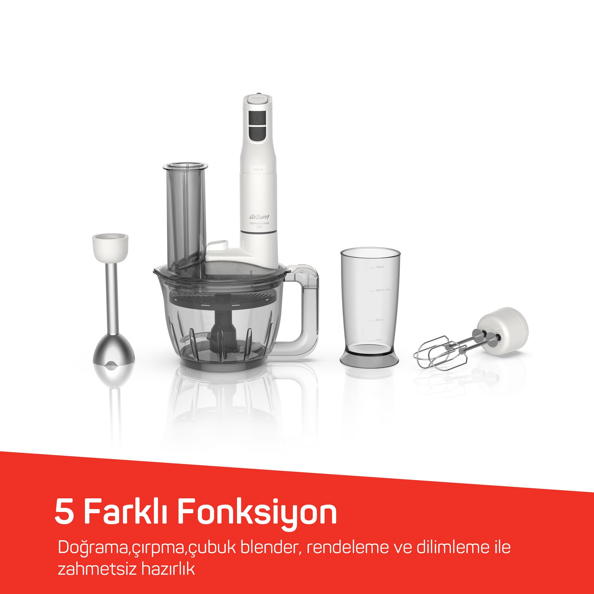 Arzum AR1187 Soprano Max Neo Multi Blender Seti 5 Fonksiyonlu 1200W, Beyaz