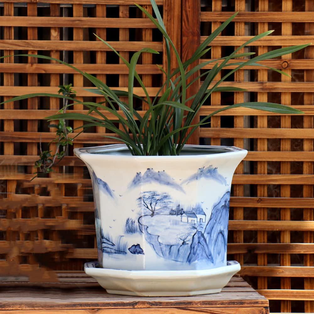 DFGHNBVC Chinoiserie Ceramic Planter Pots Jingdezhen Porcelain Decorative Flower Pots Indoor Plant Container With Drainage Hole Flowerpot Indoor Home Decor,32cm