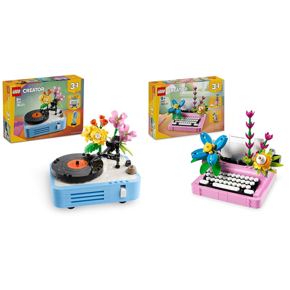 LEGO Creator 3in1 Record Player with Flowers - Rebuilds Into a Radio Model or Microphone + 3in1 Typewriter with Flowers Toy - Transforms into a Keytar Model or a Flowerpot 31172 + 31169