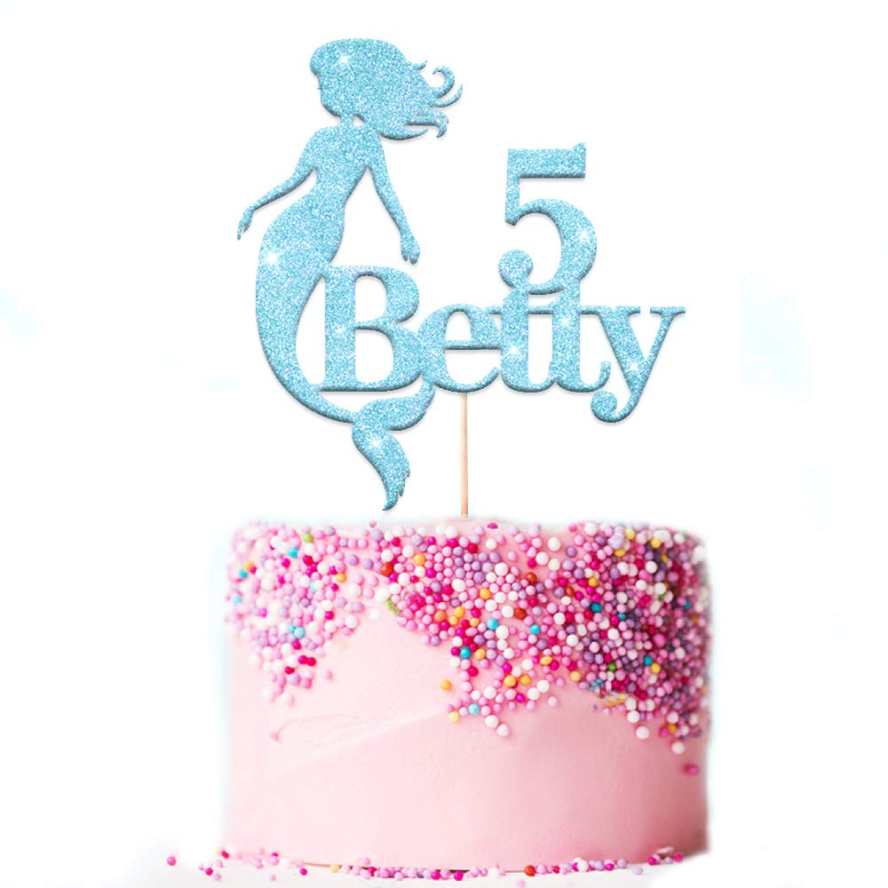 PERSONALISED Girls Birthday Cake Topper - Personalise with ANY NAME and ANY AGE - Made from Non-shed Double Sided Glitter Mermaid Cake Decoration (Baby Blue)